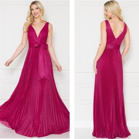 Maniju Dresses & Skirts - Maniju Magenta Sparkle V Neck Pleated Maxi Dress SzMedium